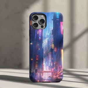 Cyberpunk Cityscape Phone Case, Futuristic Night City Cover for iPhone 15, 14, 13, 12+, Samsung S24, S23+, Pixel 5 - 8 | 0264