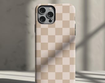 Gedämpfte Beige Neutral Schachbrett Muster Handyhülle | Tough Case für iPhone 15 ,14, 13, 12+, Samsung S23, S22+, Pixel 5, 6, 7 0387