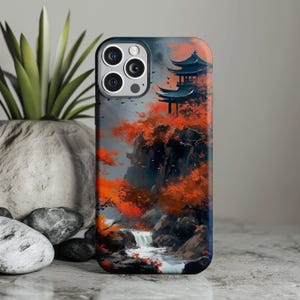 Japanese Art Tough Phone Case, Beautiful Mountain Waterfall Art Cover fits iPhone 15, 14, 13, 12+, Samsung S24, S23+, Pixel 5 - 8 | 0298