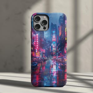 Cyberpunk Cityscape Tough Phone Case, Futuristic Neon Vibes Cover for iPhone 15, 14, 13, 12+, Samsung S24, S23+, Pixel 5 - 8 | 0267