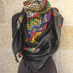 Hirbawi handmade Kufiya black and rainbow.