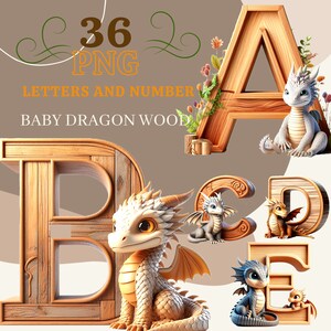 36 PNG Alphabet Clipart Set, Baby-Drache und Holzbuchstaben, 300 DPI, 4000 pixel Illustrationen Planerelemente für kommerzielle Nutzung