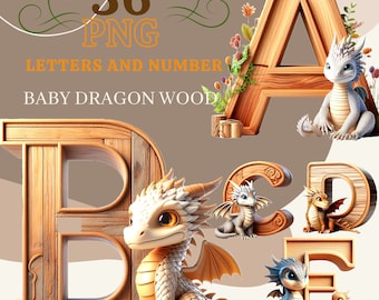 36 PNG Alphabet Clipart Set, Baby-Drache und Holzbuchstaben, 300 DPI, 4000 pixel Illustrationen Planerelemente für kommerzielle Nutzung