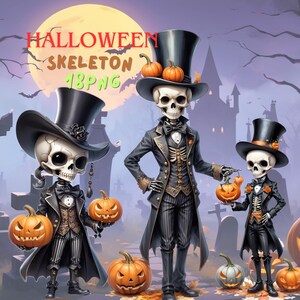 18 Character Halloween Spooky Skeletons with Pumpkins in Stylish Costumes,  (PNG Digital Download)