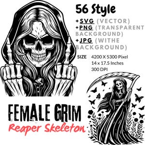 Peut inclure: Illustration en noir et blanc d'une faucheuse squelette féminine avec des cheveux longs et une cape à capuche. Le texte "FEMALE GRIM Reaper Skeleton" et "56 Style" est inclus. La taille de l'image est de 35,56 cm x 44,45 cm.