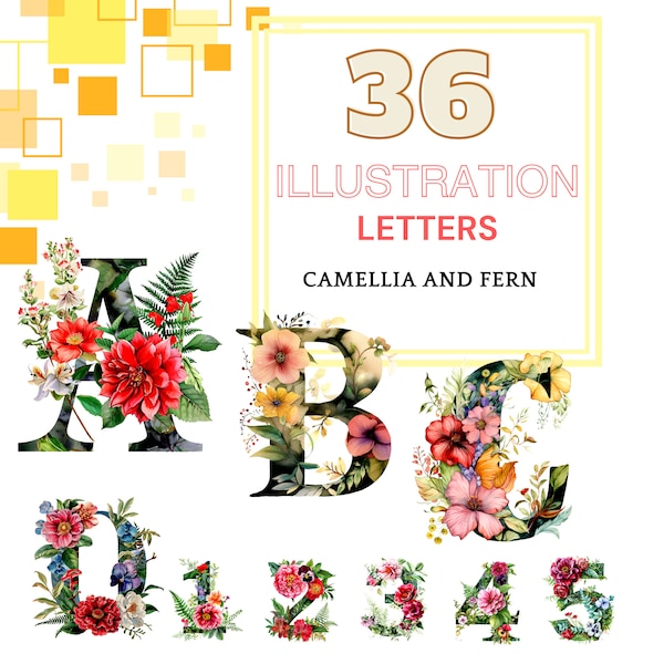 Clipart alphabet 36 PNG, lettres clipart, clipart livre, paquet de lettres, lecture des cliparts, camélia, dahlia, pensée, fougère ensemble, aquarelle