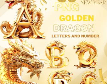 36 PNG Buchstaben Clipart Set, 300DPI, 4000 pixel, Golden Dragon Illustrationen Planerelemente für kommerzielle Nutzung