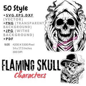 Puede incluir: Ilustración digital en blanco y negro que presenta una calavera con capucha y una calavera con sombrero de vaquero, sosteniendo una pistola. También está presente el texto "50 Style" y "FLAMING SKULL characters". El tamaño de la imagen es de 35,56 cm x 44,45 cm.