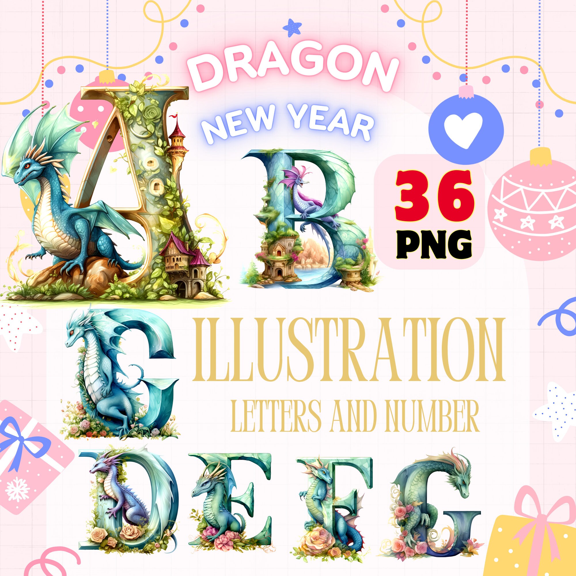 36 PNG Buchstaben Clipart Set, 300DPI, 4000 pixel, märchenhafte Drachenillustrationen, Planerelemente für kommerzielle Nutzung