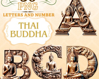 36 PNG Alphabet Clipart Set, thailändische Buddha Bronze und thailändische Kunstbuchstaben, 300 DPI, 4000 pixel, Illustrationen Planerelemente für kommerzielle Nutzung