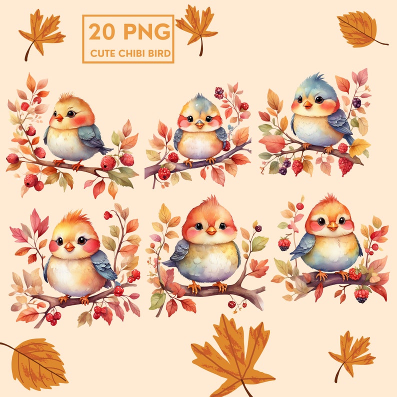 20 PNG Cute Chibi Bird Clipart, Perched on a Branch, Berry, Autumn ...
