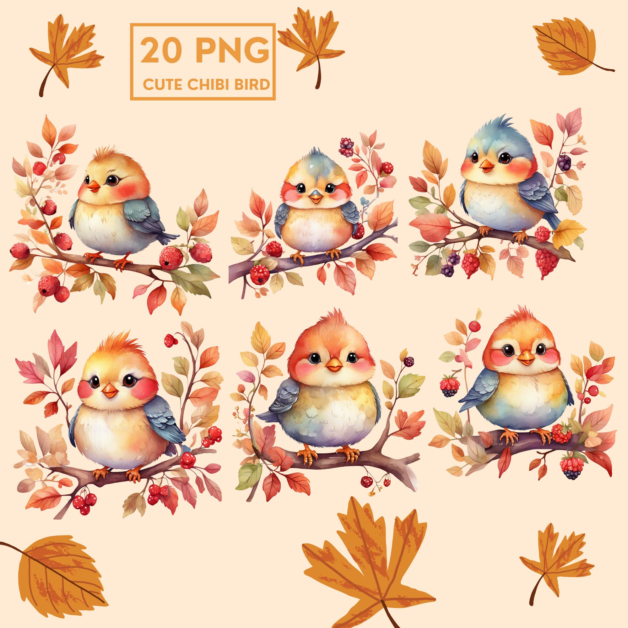 20 PNG Cute Chibi Bird Clipart, Perched on a Branch, Berry, Autumn ...