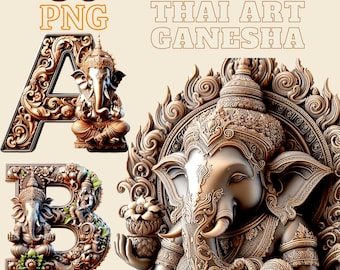 36 PNG Alphabet Clipart Set, Ganesha und thailändische Kunst Buchstaben, 300 DPI, 4000 pixel, Illustrationen Planerelemente für kommerzielle Nutzung