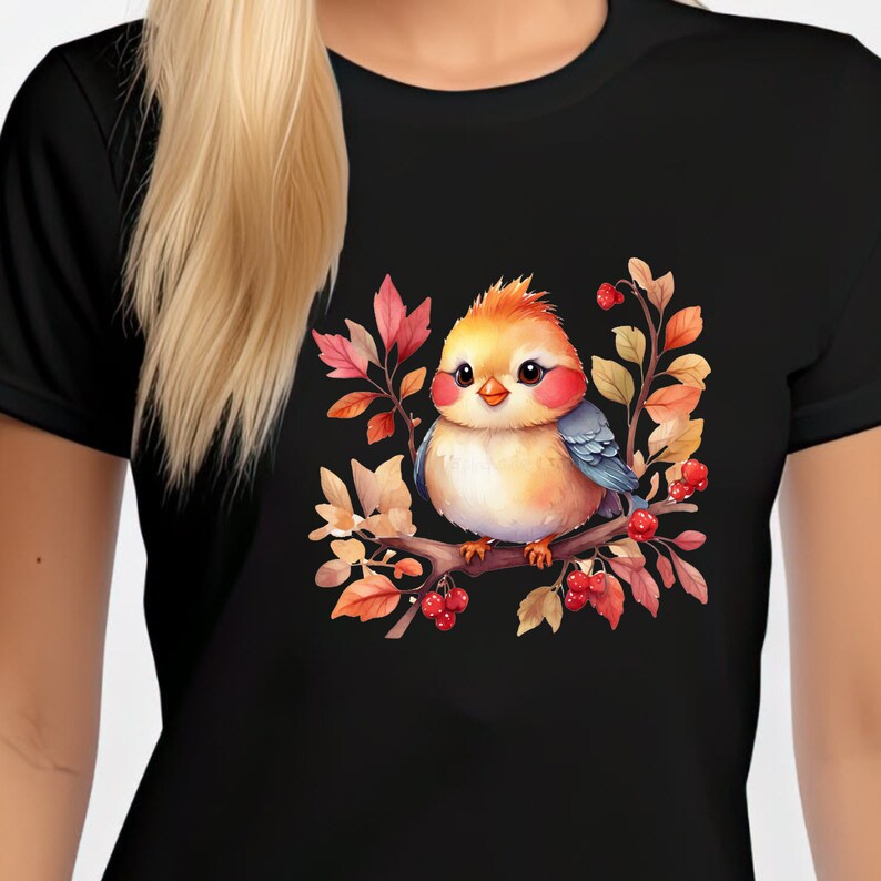 20 PNG Cute Chibi Bird Clipart, Perched on a Branch, Berry, Autumn ...