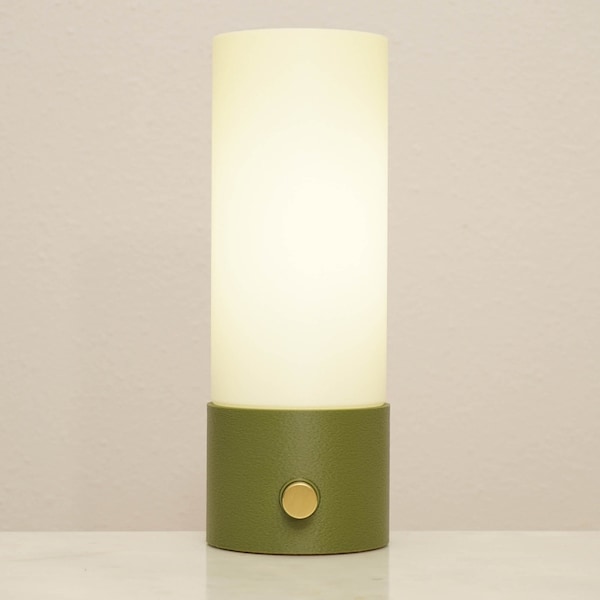 Modern Dimmable LED Table Lamp, Solid Brushed Brass Knob, Sturdy 3D Printed Accent Light, Fully-diffused Paper-like Cylindrical Shade