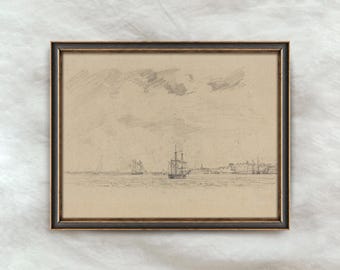 Vintage Sailing Ship Drawing | Antique Nautical Artwork | Rustic Coastal Boat Decor | Digital Download