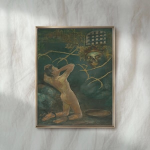 May include: A framed painting depicting a pale, kneeling figure with hands behind their head, positioned before a large, dark, skeletal entity with a crown and glowing eyes. The scene includes a barred window and a bowl in a dark, moody environment.