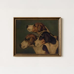 Three English Foxhounds Vintage Portrait, Moody Hunting Dog Art