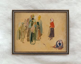 Vintage Village Crowd Painting | Traditional Folk Wall Art | Antique Figurative Home Decor | Digital Download
