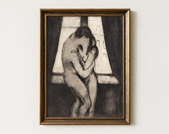 Hugging Couple Drawing | Vintage Romantic Home Decor Artwork | The Kiss by Edvard Munch 1895 | Antique Charcoal Wall Art | Digital Download