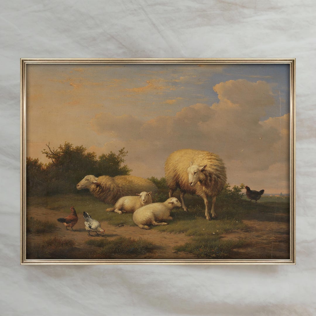 Vintage Sheep Landscape Painting | Antique Farm Animal Artwork | Rustic ...