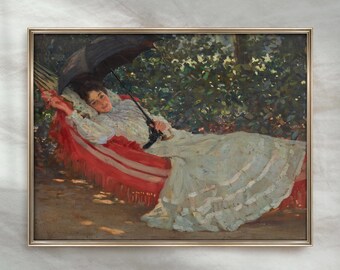 Vintage Woman in Hammock Painting | Antique Garden Wall Art | Victorian Landscape Home Decor | Digital Download