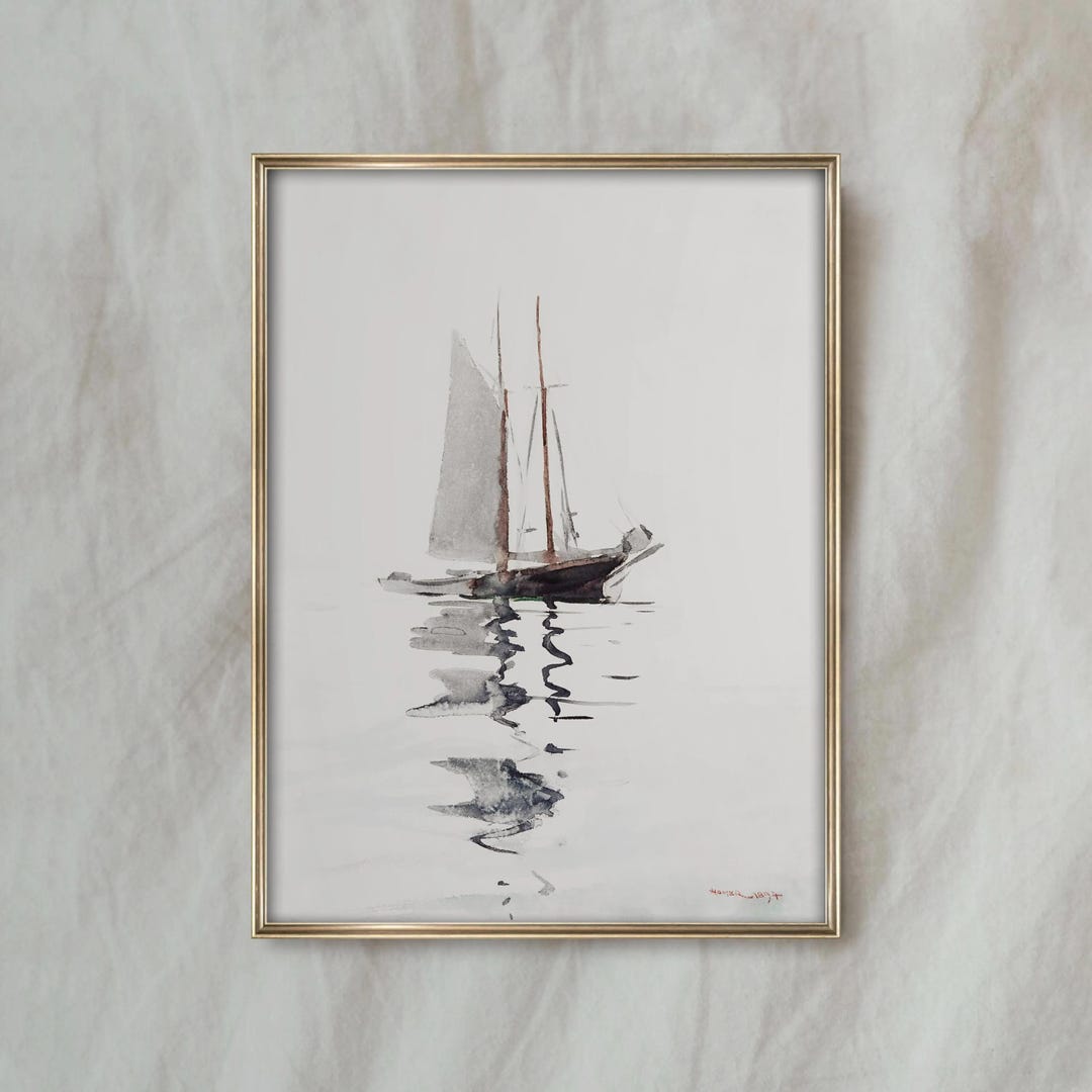 Vintage Watercolor Sailboat Painting | Coastal Nautical Wall Art ...