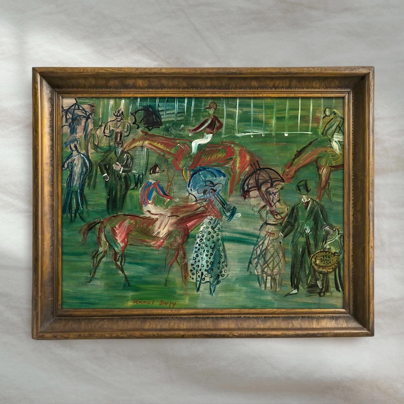 May include: An impressionistic painting in a gold frame depicts a horse race scene. The artwork features horses, jockeys, and spectators in a vibrant, colorful style. The painting has a green background and a signature in the bottom left corner.