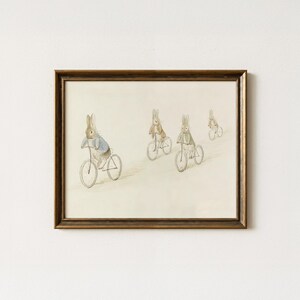 Vintage Bunnies on Bikes | Peter Rabbit Style Nursery Art | Baby Room Artwork Decor | Bunny Gift Idea | Digital Download
