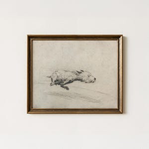 May include: A framed charcoal sketch on off-white paper depicting a small dog in motion. The dog is rendered in black lines, captured in a horizontal running pose with blurred strokes suggesting speed. The frame is a dark metallic bronze color.