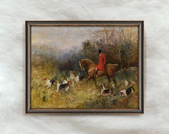 Vintage Fox Hunting Painting | Autumn Horse Rider Artwork | Countryside Equestrian Dogs Decor | Digital Download