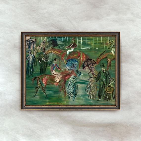 Vintage Horse Race Painting | Antique Equestrian Artwork | Muted Race Day Sporting Wall Decor | Digital Download