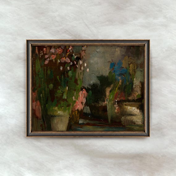 Vintage Abstract Floral Painting | Antique Botanical Flower Artwork | Moody Rustic Wall Decor | Digital Download
