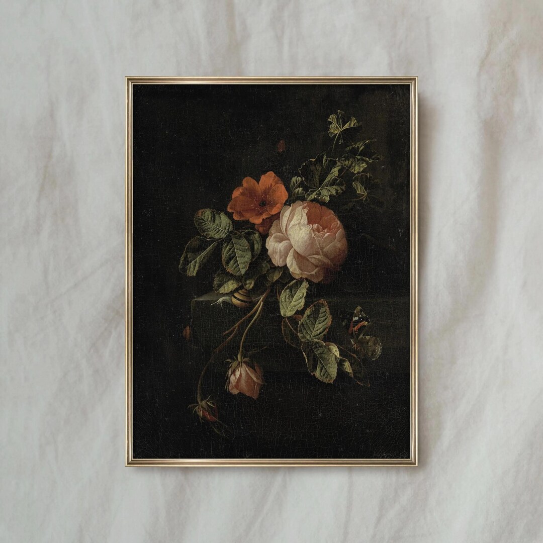 Antique Moody Roses Painting | Dark Floral Still Life Artwork ...