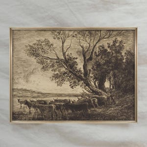 Vintage landschapstekening koe | Antieke rustieke boerderijkunstwerken | Sfeervol landelijk etsdecor | Digitale download