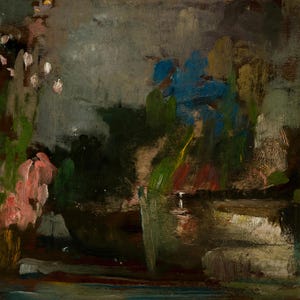 May include: An oil painting on canvas featuring a dark, moody landscape with thick, visible brushstrokes. The composition includes deep brown and black tones, patches of vibrant blue, muted green foliage, and soft pink highlights on the left side.