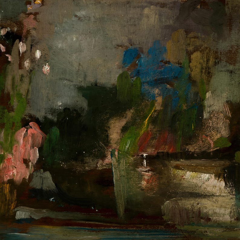 May include: An oil painting on canvas featuring a dark, moody landscape with thick, visible brushstrokes. The composition includes deep brown and black tones, patches of vibrant blue, muted green foliage, and soft pink highlights on the left side.