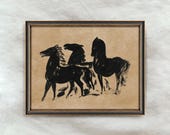 Vintage Black Horses Painting | Modern Neutral Horse Artwork | Abstract Animal Wall Decor | Digital Download