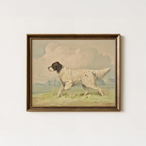 May include: A framed painting depicting a white and black English Setter dog standing in a grassy field under a cloudy sky. The artwork is enclosed in a dark brown wooden frame with a visible signature in the bottom right corner of the canvas.