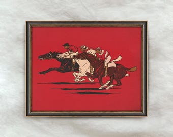 Vintage Pferderennen Gemälde | Antike rote Reiterwandkunst | Rustikales Sport Kunstwerk | Digitaler Download