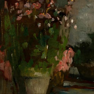 May include: An oil painting depicting a potted plant with visible brushstrokes. The composition features dark brown and green foliage with clusters of soft pink and white flowers. A light-colored, textured pot sits at the base of the plant.