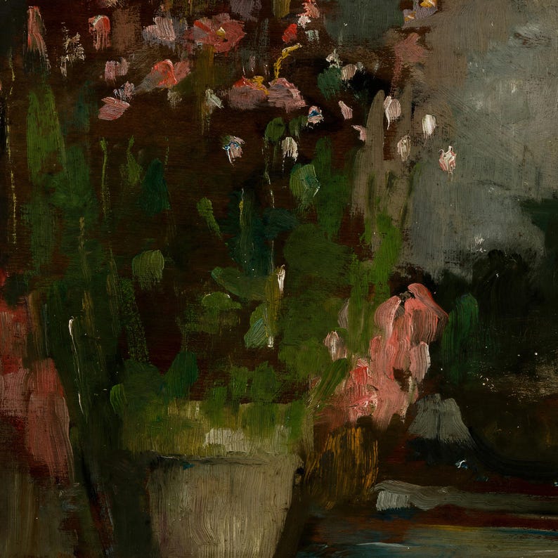 May include: An oil painting depicting a potted plant with visible brushstrokes. The composition features dark brown and green foliage with clusters of soft pink and white flowers. A light-colored, textured pot sits at the base of the plant.