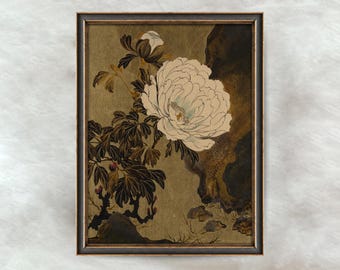 peinture vintage chinoiserie pivoine | Oeuvre d'art floral d'inspiration japonaise | Décoration murale neutre wabi-sabi | Téléchargement numérique