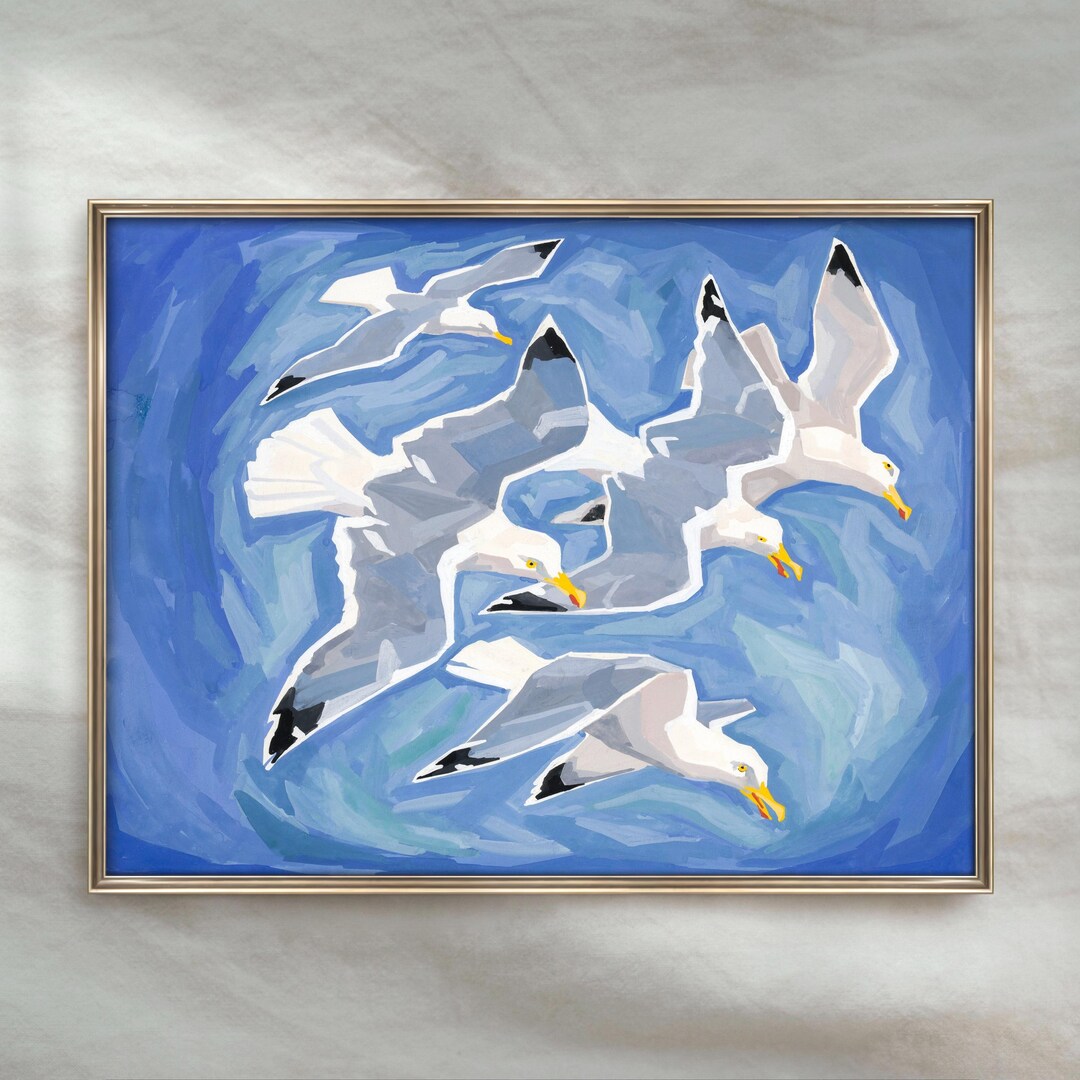 Vintage Seagulls Painting | Antique Coastal Wall Art | Abstract Bird ...