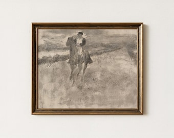 Vintage Horseback Rider Drawing | Antique Equestrian Wall Art | Charcoal Farm Animal Home Decor | Digital Download