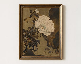Vintage Chinoiserie Peony Painting | Japanese-Inspired Floral Artwork | Neutral Wabi-Sabi Wall Decor | Digital Download