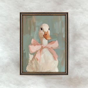 Cuadro de pato con lazo rosa / Arte mural estilo cottagecore para guardería / Decoración para habitación de niña en tonos pastel / Descarga digital