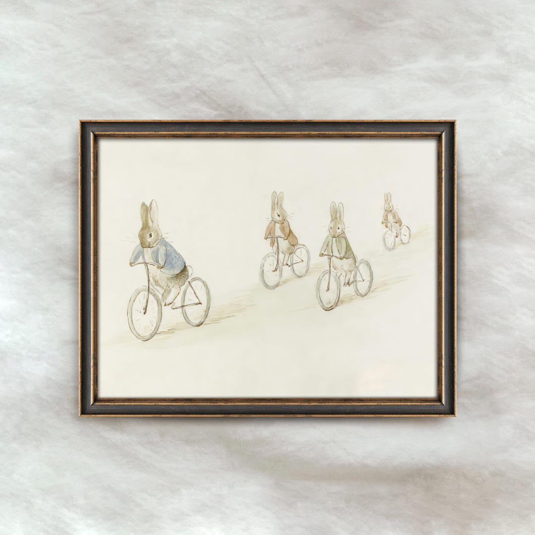 Vintage Bunnies on Bikes | Peter Rabbit Style Nursery Art | Baby Room ...