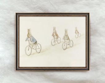 Vintage Hasen auf Fahrrädern | Peter Rabbit Bild fürs Kinderzimmer | Babyzimmer Kunstwerk Dekor | Häschen Geschenkidee | Digitaler Download