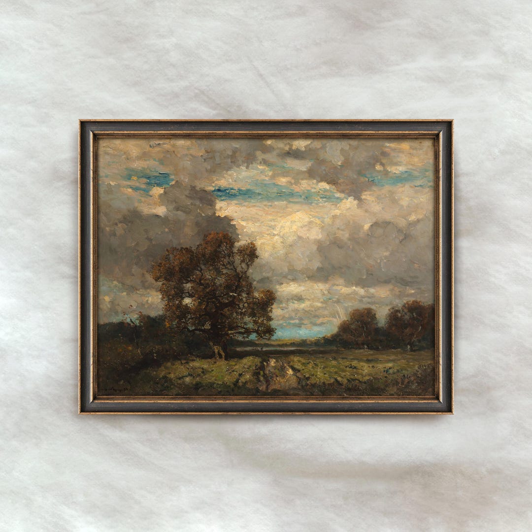 Vintage Landscape Oil Painting | Moody Green Countryside Artwork ...